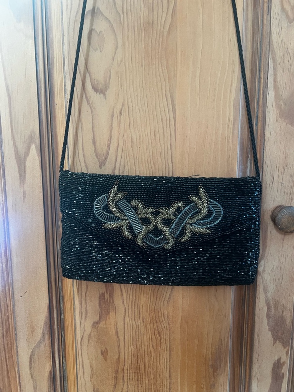 Vintage Black Beaded Evening Clutch with Gold Embroidery